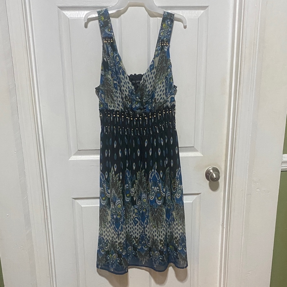 Chic Blue and Green Patterned Midi Dress